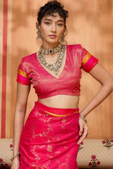 Exquisite Pink Pure Zari Weaving Banarasi Silk Saree With Smart Blouse Piece