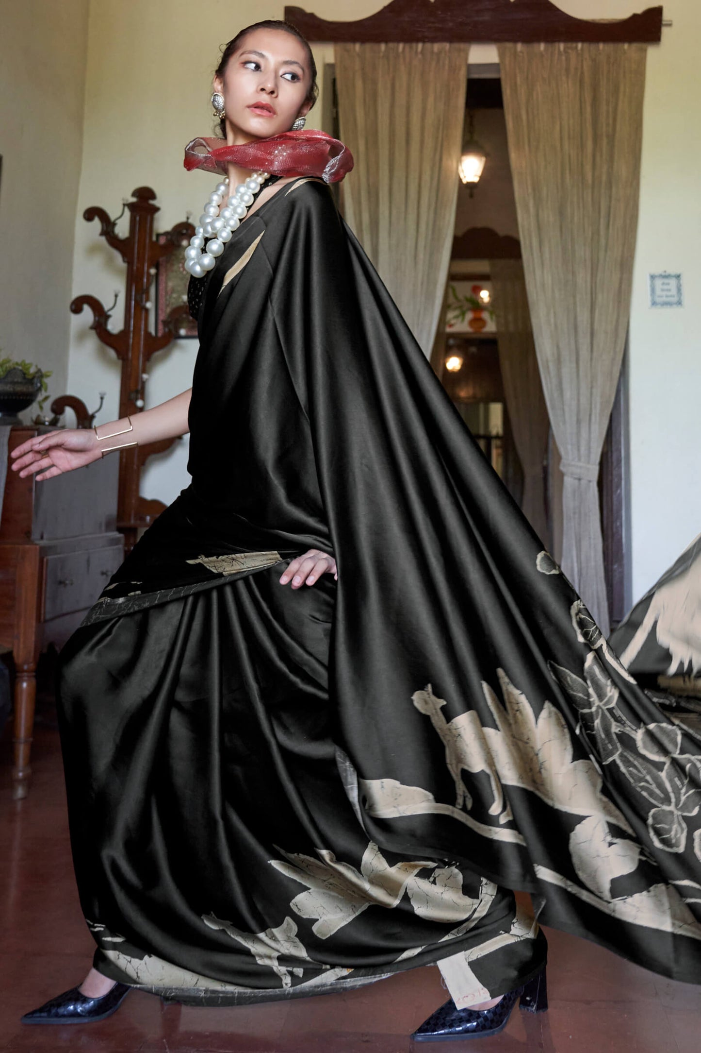 Attractive Beige and Black Digital Printed Satin Silk Saree With Beguiling Blouse Piece