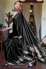 Attractive Beige and Black Digital Printed Satin Silk Saree With Beguiling Blouse Piece