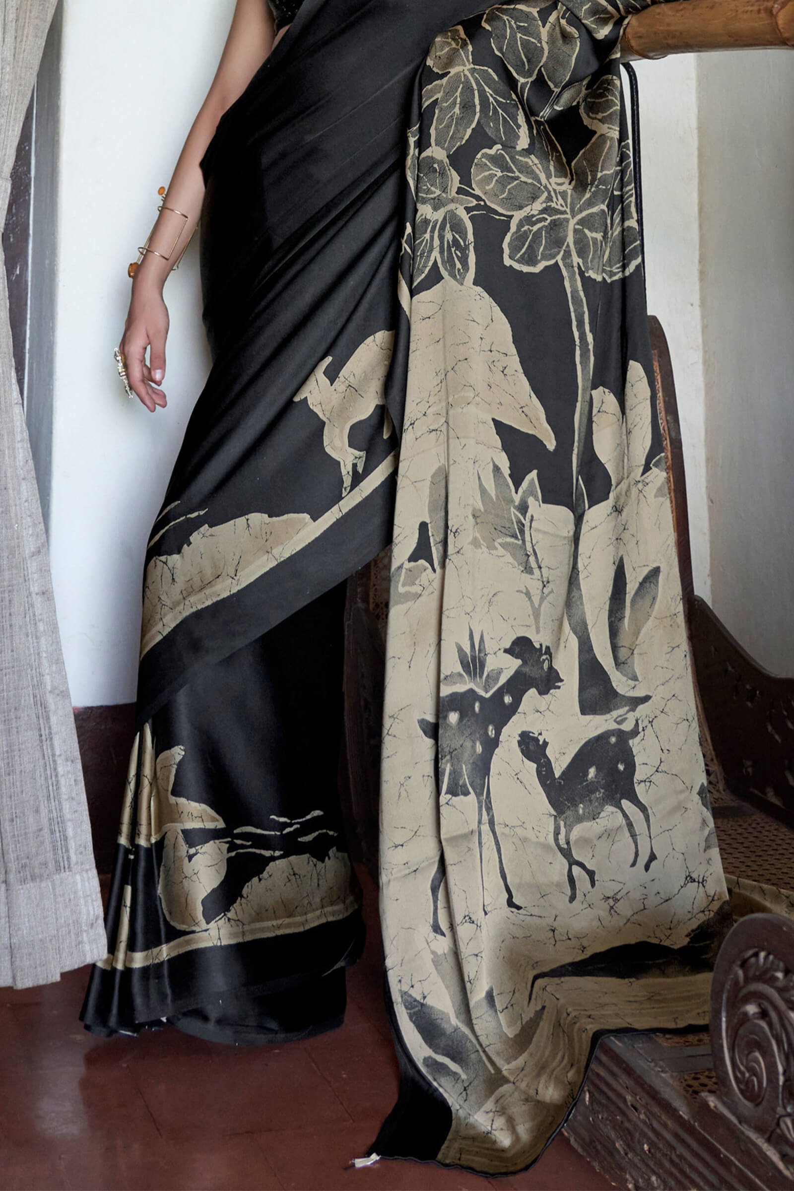 Attractive Beige and Black Digital Printed Satin Silk Saree With Beguiling Blouse Piece