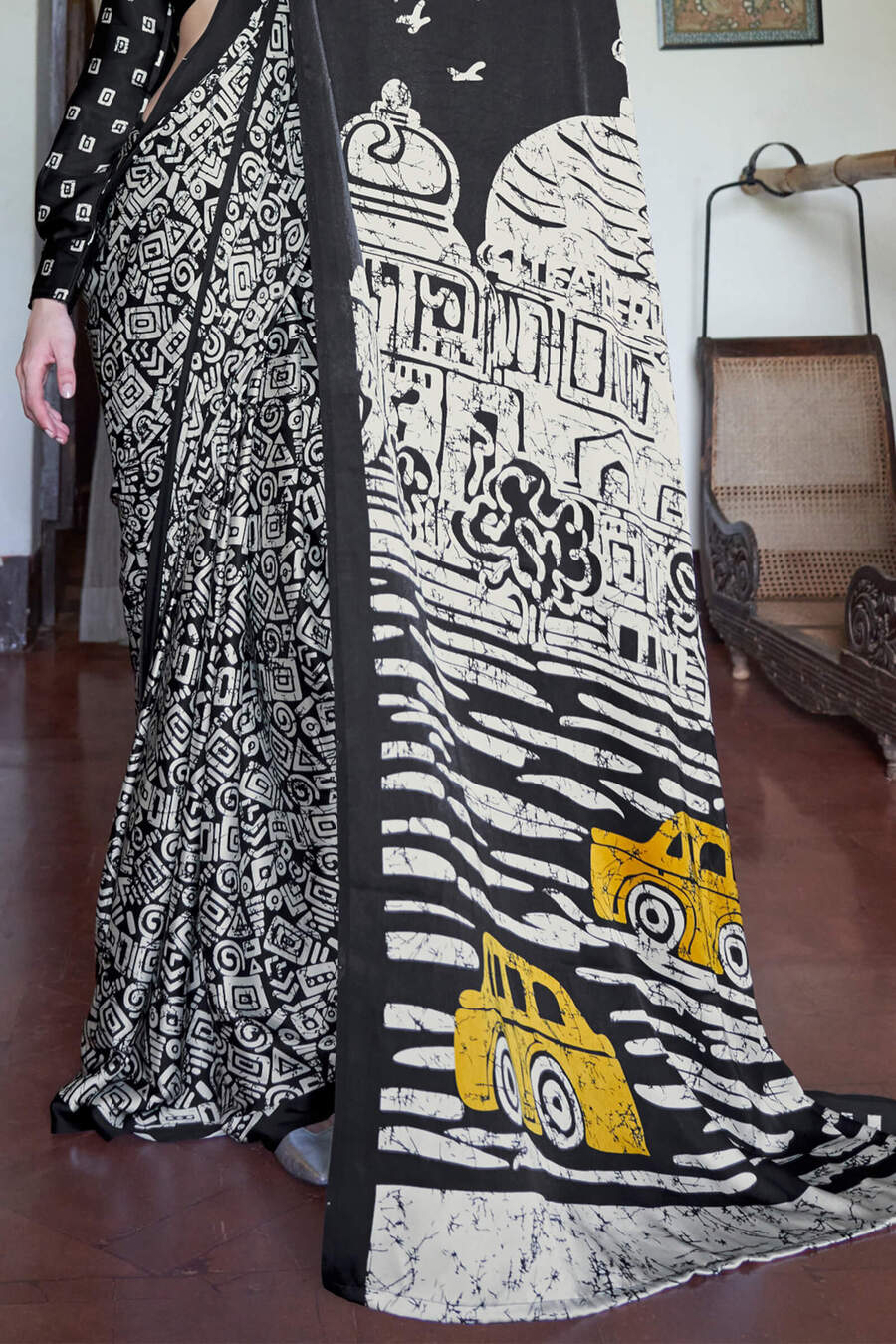 Attractive Beige and Black Digital Printed Satin Silk Saree With Smashing Blouse Piece