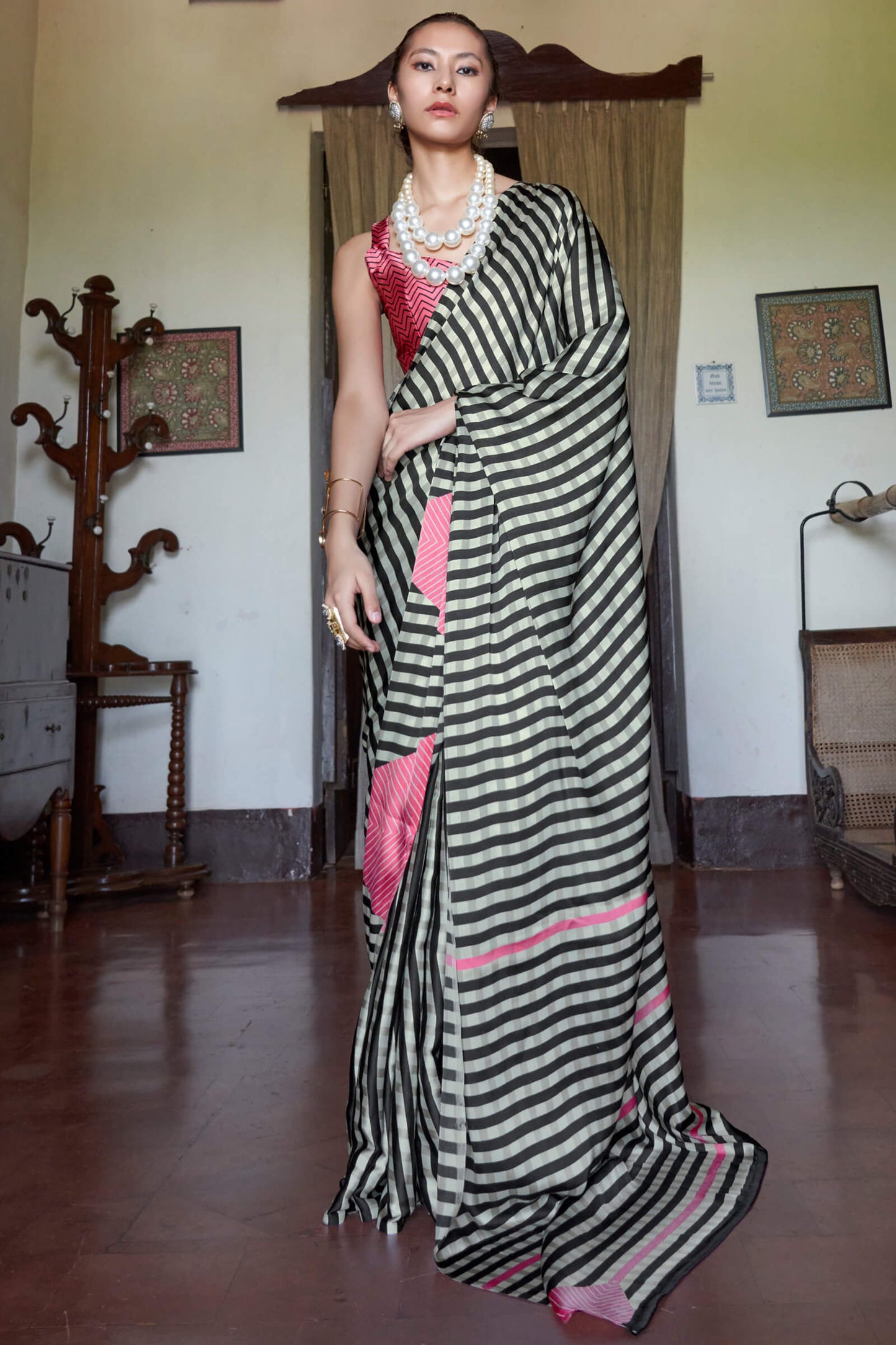 Attractive Beige and Black Digital Printed Satin Silk Saree With Pulsating Blouse Piece