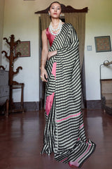 Attractive Beige and Black Digital Printed Satin Silk Saree With Pulsating Blouse Piece