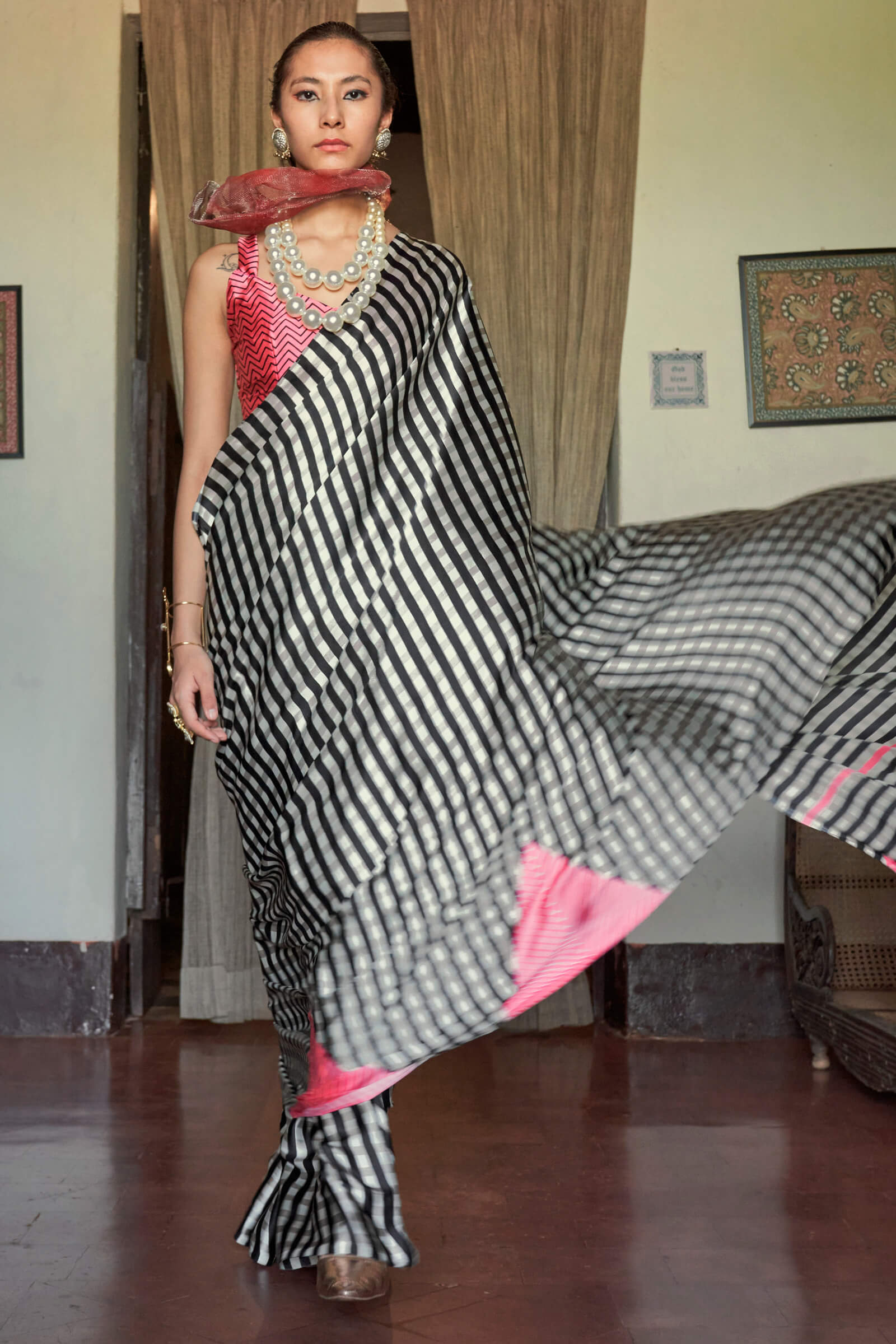 Attractive Beige and Black Digital Printed Satin Silk Saree With Pulsating Blouse Piece
