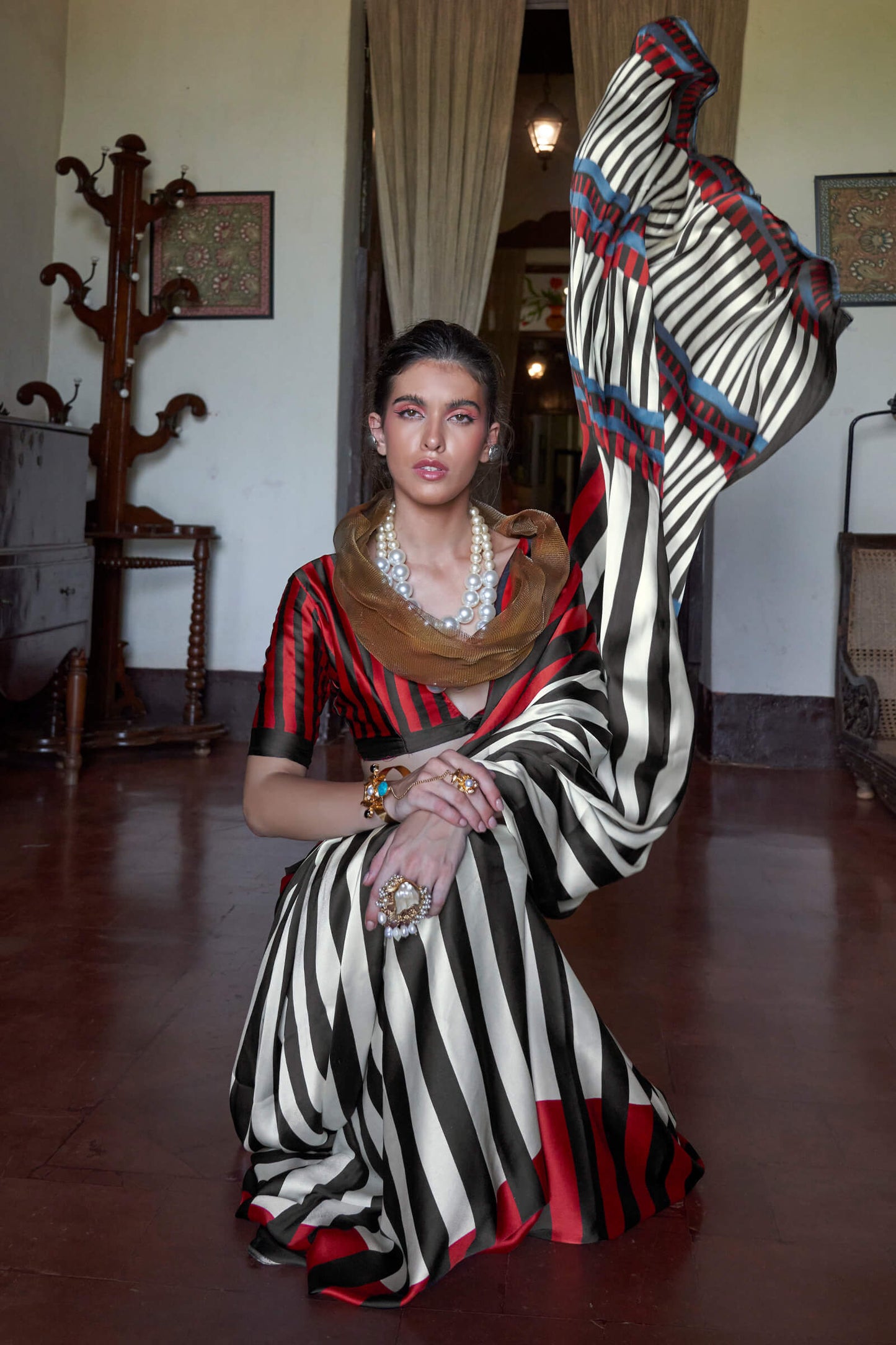 Attractive Beige and Black Digital Printed Satin Silk Saree With Super classy Blouse Piece