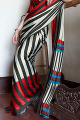 Attractive Beige and Black Digital Printed Satin Silk Saree With Super classy Blouse Piece