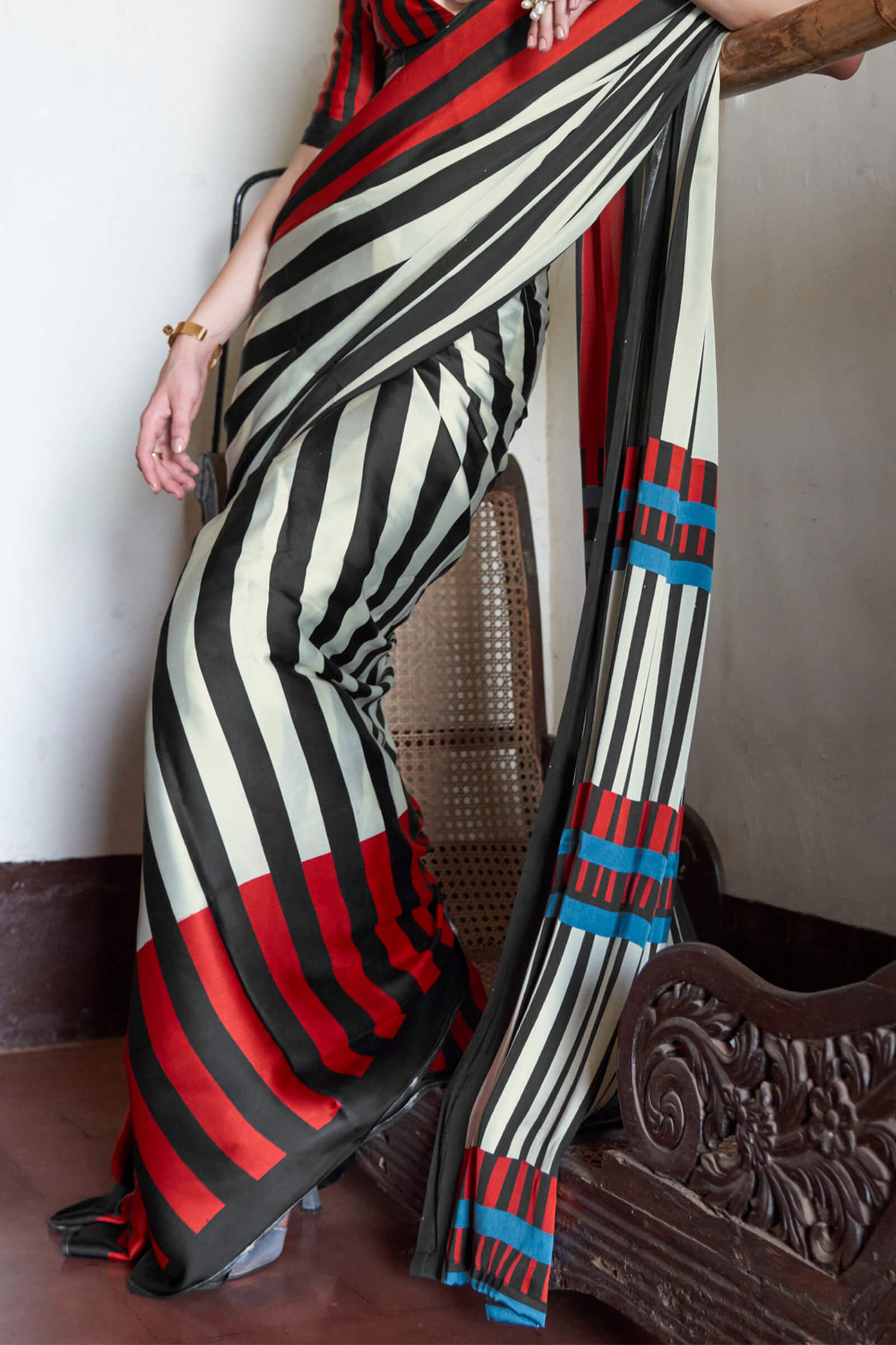 Attractive Beige and Black Digital Printed Satin Silk Saree With Super classy Blouse Piece