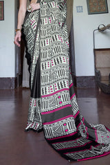 Attractive Beige and Black Digital Printed Satin Silk Saree With Palimpsest Blouse Piece