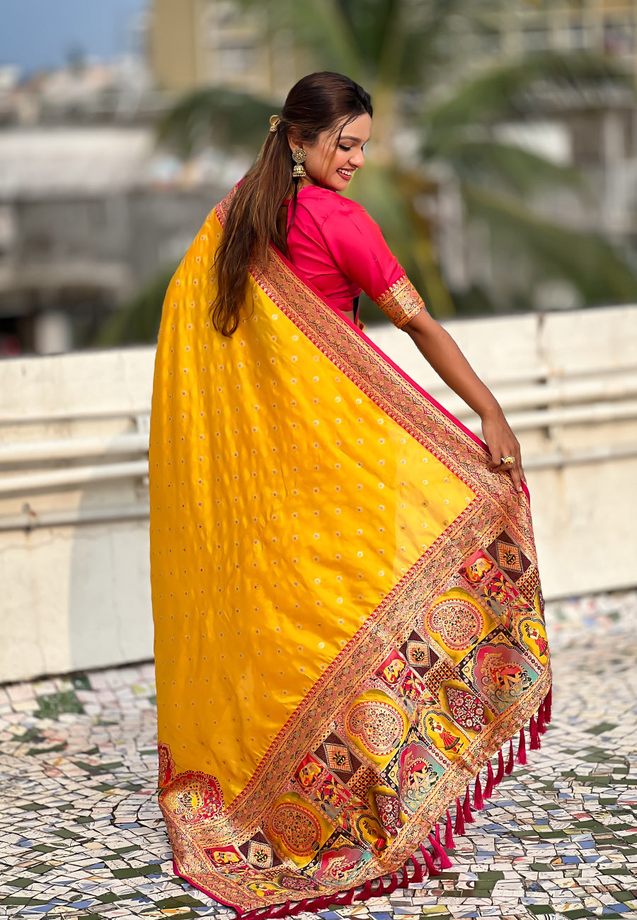 Mustard pashmina darbari silk saree with traditional zari weaving