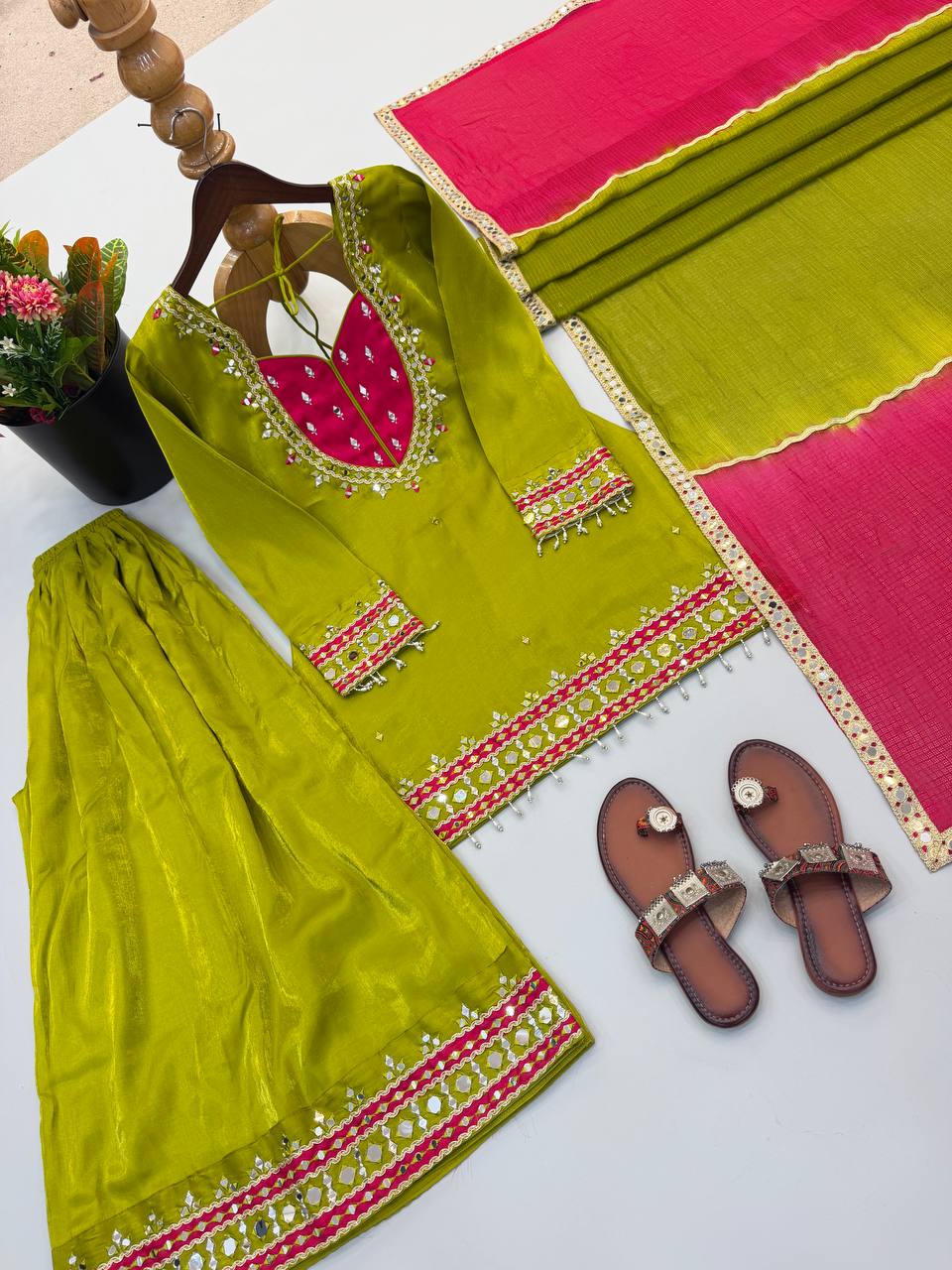 Roman Glass Mirror Work Top Palazzo Set | Kota Checks Dupatta | VrindaaLuxe