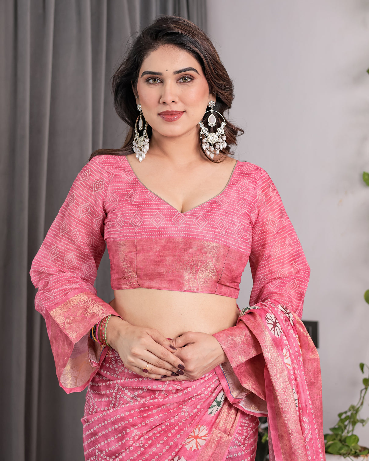 Artisan Rose Pink Handloom Linen Saree with Bandhani Inspired Floral Print