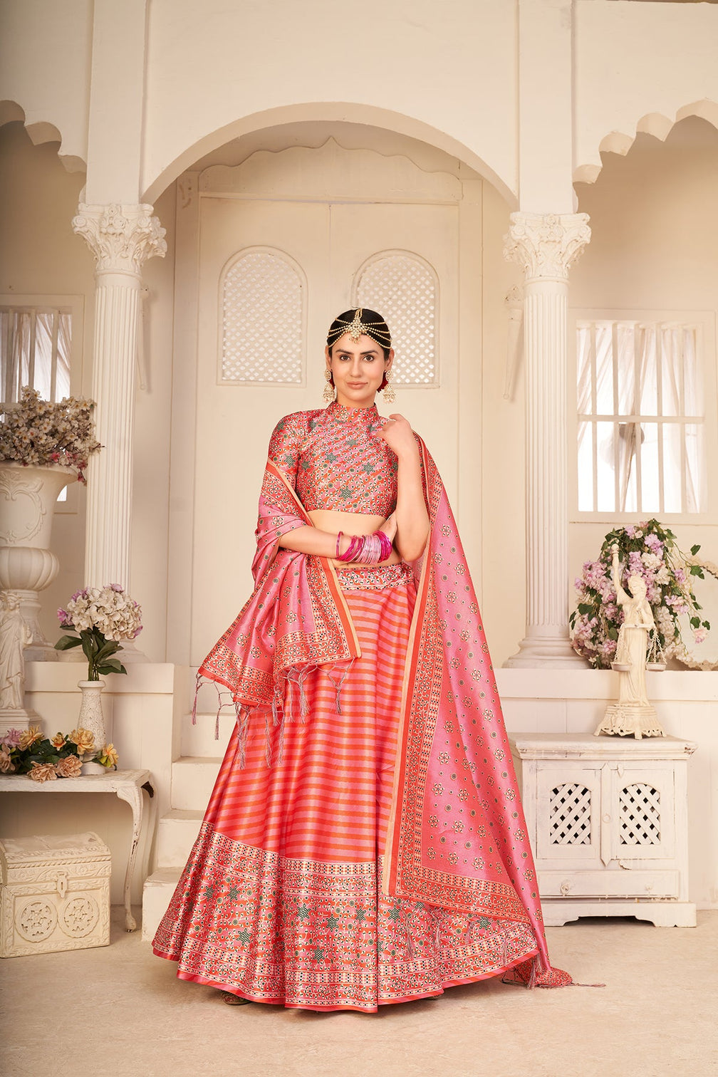Rouge Peach Art Silk Digital Printed Umbrella Lehenga Party Wear