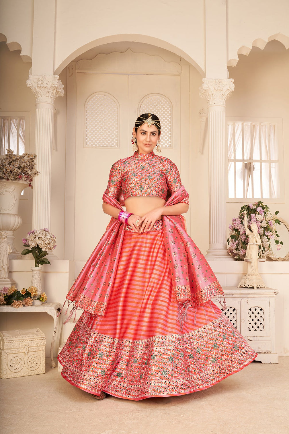 Rouge Peach Art Silk Digital Printed Umbrella Lehenga Party Wear