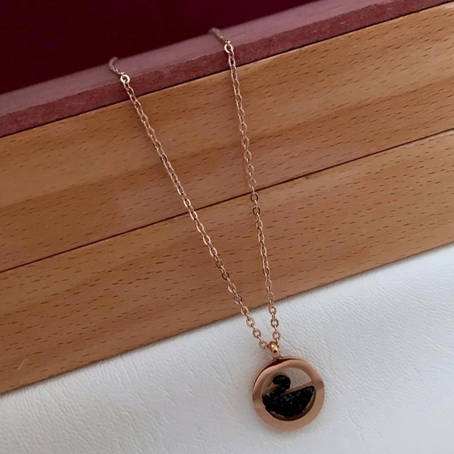 Round Gold Duck Swan Pendant with Chain Swarovski Crystal Brass Plated Brass Chain