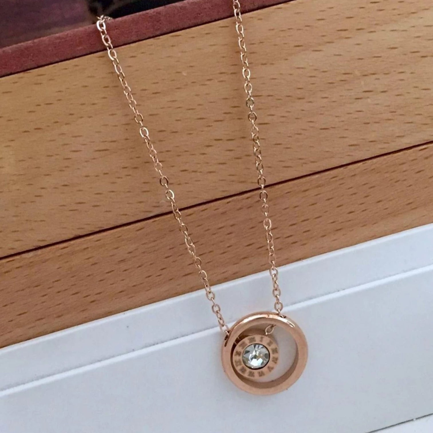 Round Shape Time Diamond Pendant with Rose Gold Plated Chain Diamond Brass Plated Brass Chain