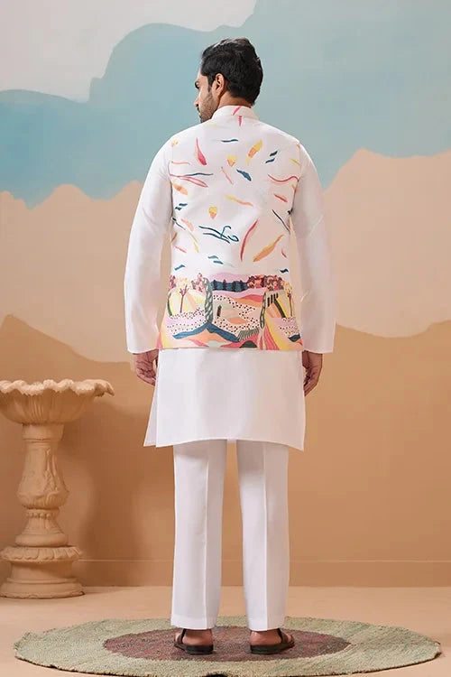 White Wedding Wear Carnival Koti Kurta Pair for Mens Wear