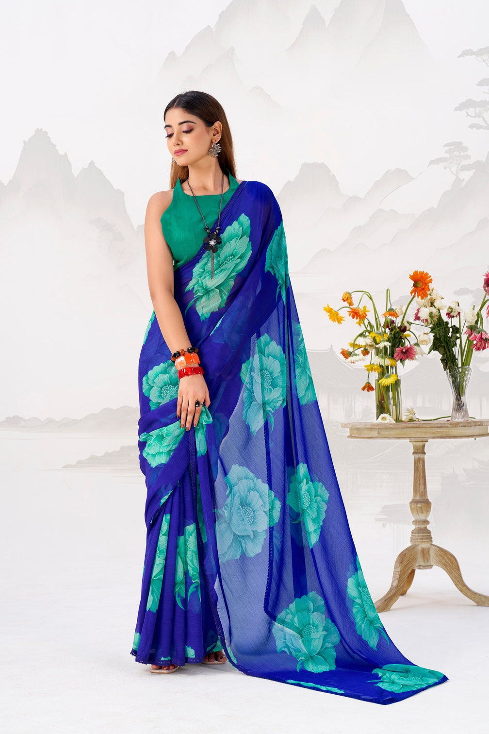 Royal Blue Elegant Chiffon Saree with Floral Print & Lace Border – Unstitched Banglory Blouse