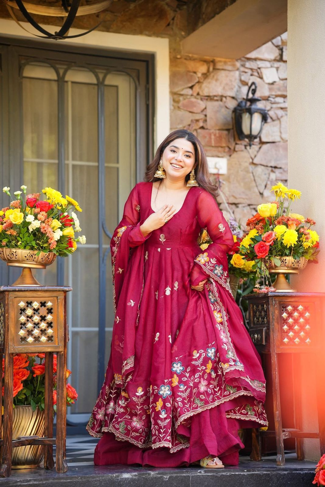 Royal Floral Thread Embroidered Anarkali One-Piece Gown