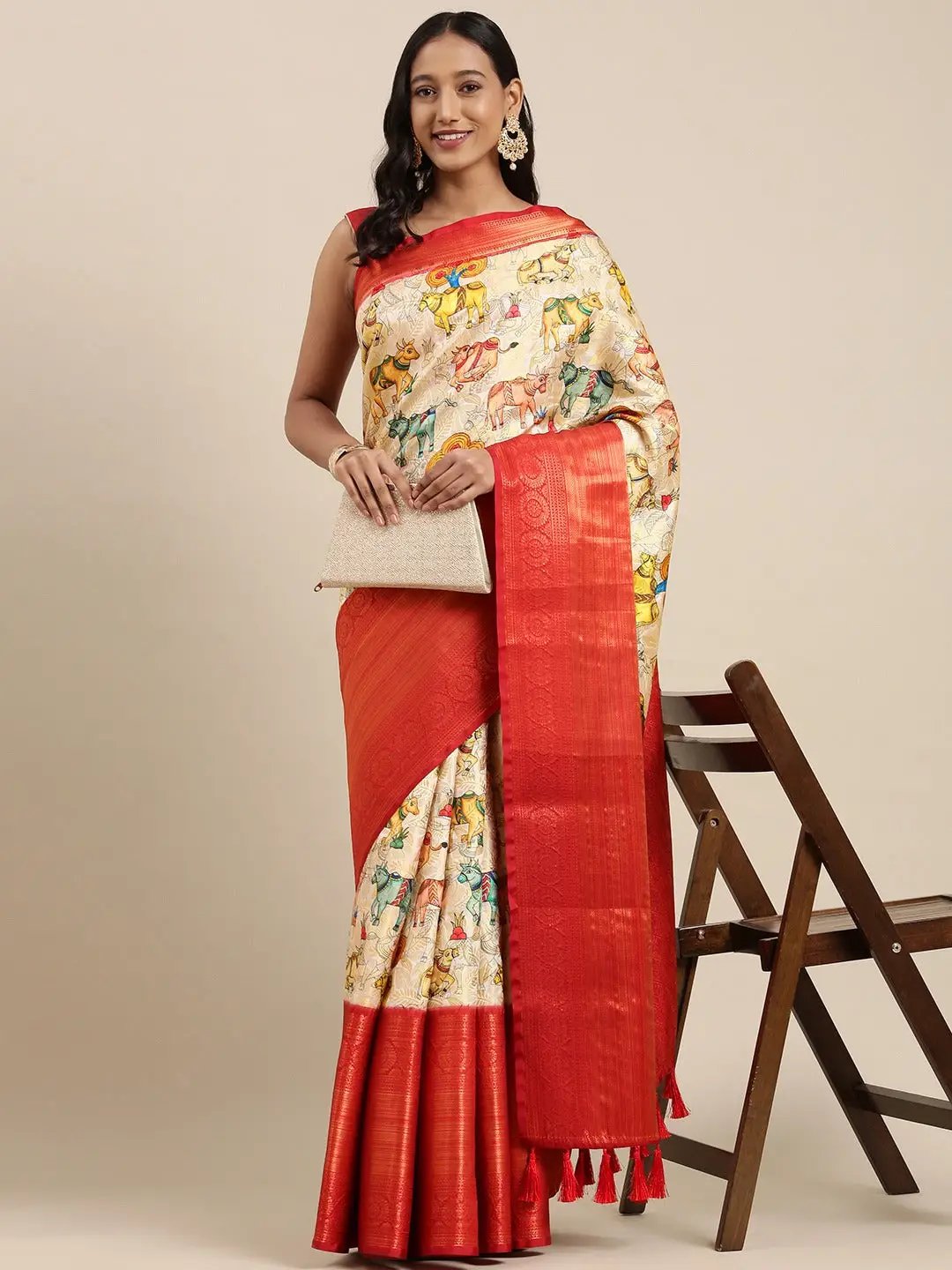 Beige Colour Digital Kalamkari Print Pattu Banarasi Silk Saree