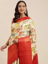 Beige Colour Digital Kalamkari Print Pattu Banarasi Silk Saree