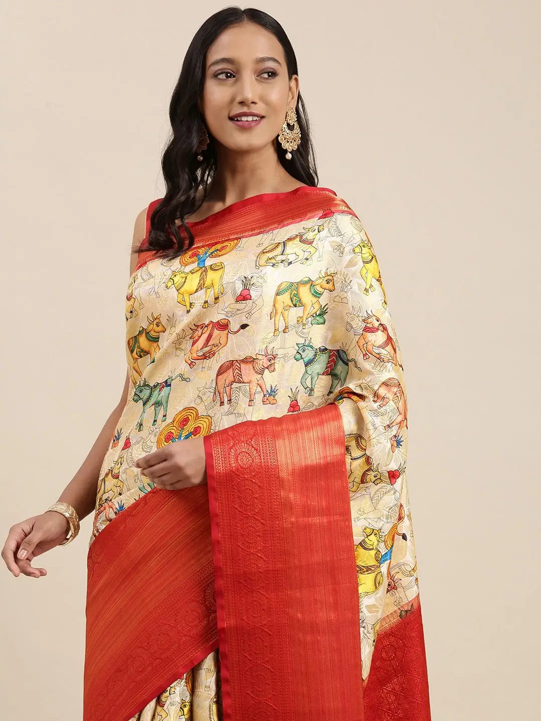 Beige Colour Digital Kalamkari Print Pattu Banarasi Silk Saree