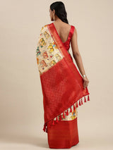 Beige Colour Digital Kalamkari Print Pattu Banarasi Silk Saree