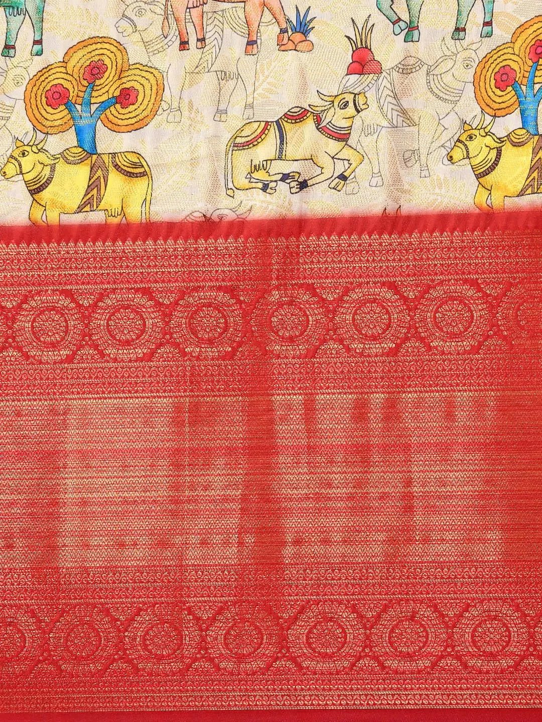 Beige Colour Digital Kalamkari Print Pattu Banarasi Silk Saree