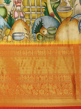 Village Kalamkari Print Kanchi Pattu Silk Saree
