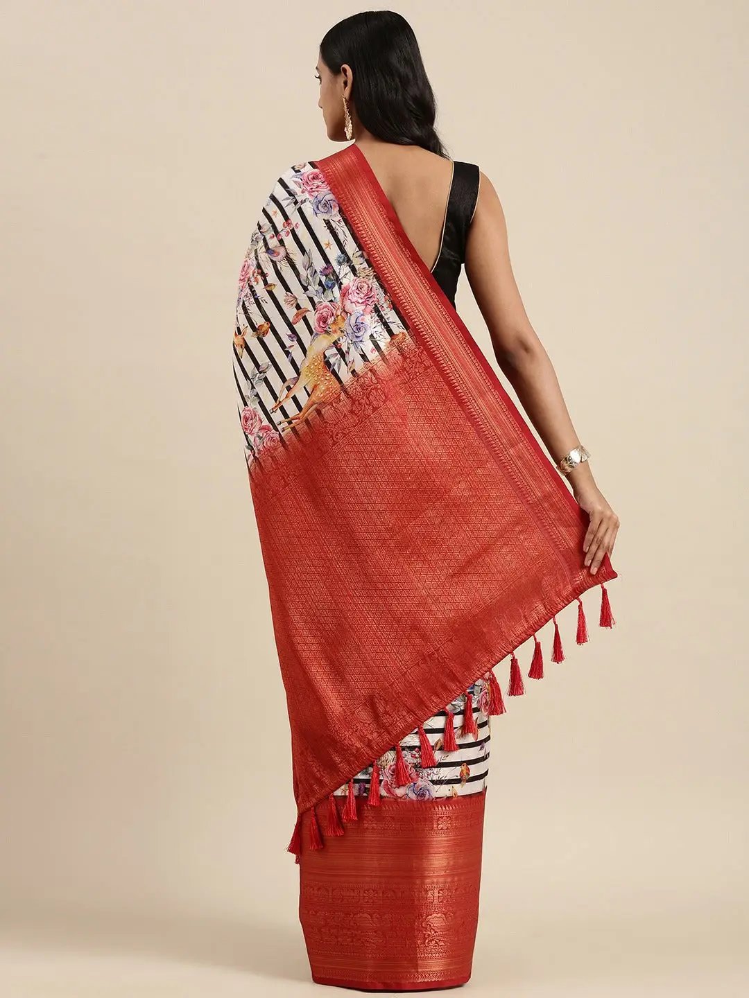 White Colour Digital Kalamkari Print Pattu Banarasi Silk Saree