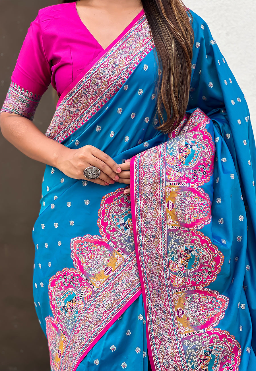 Blue pashmina darbari silk zari woven saree with meenakari border