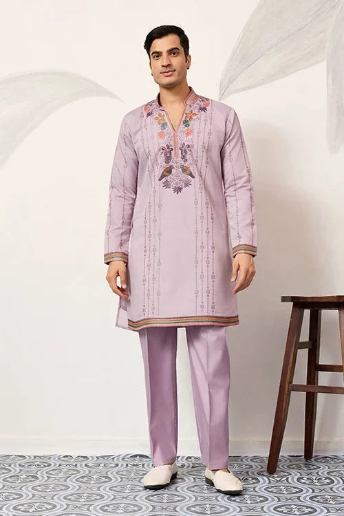 Royal Look Lavender V Neck Kurta Pant for Mens Wear