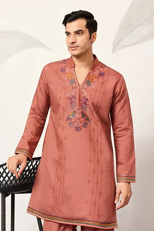 Elegant Royal V Style Orange Kurta Pant for Mens wear