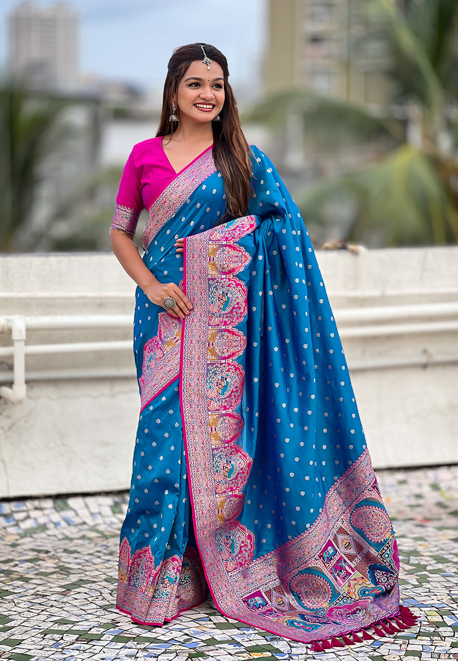 Blue pashmina darbari silk zari woven saree with meenakari border