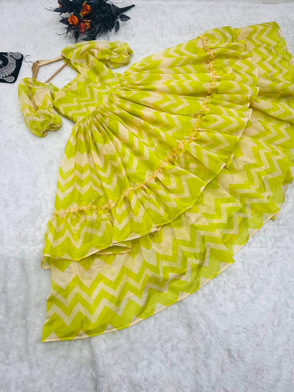 Ruffle Style Parrot Green Color Organza Dress