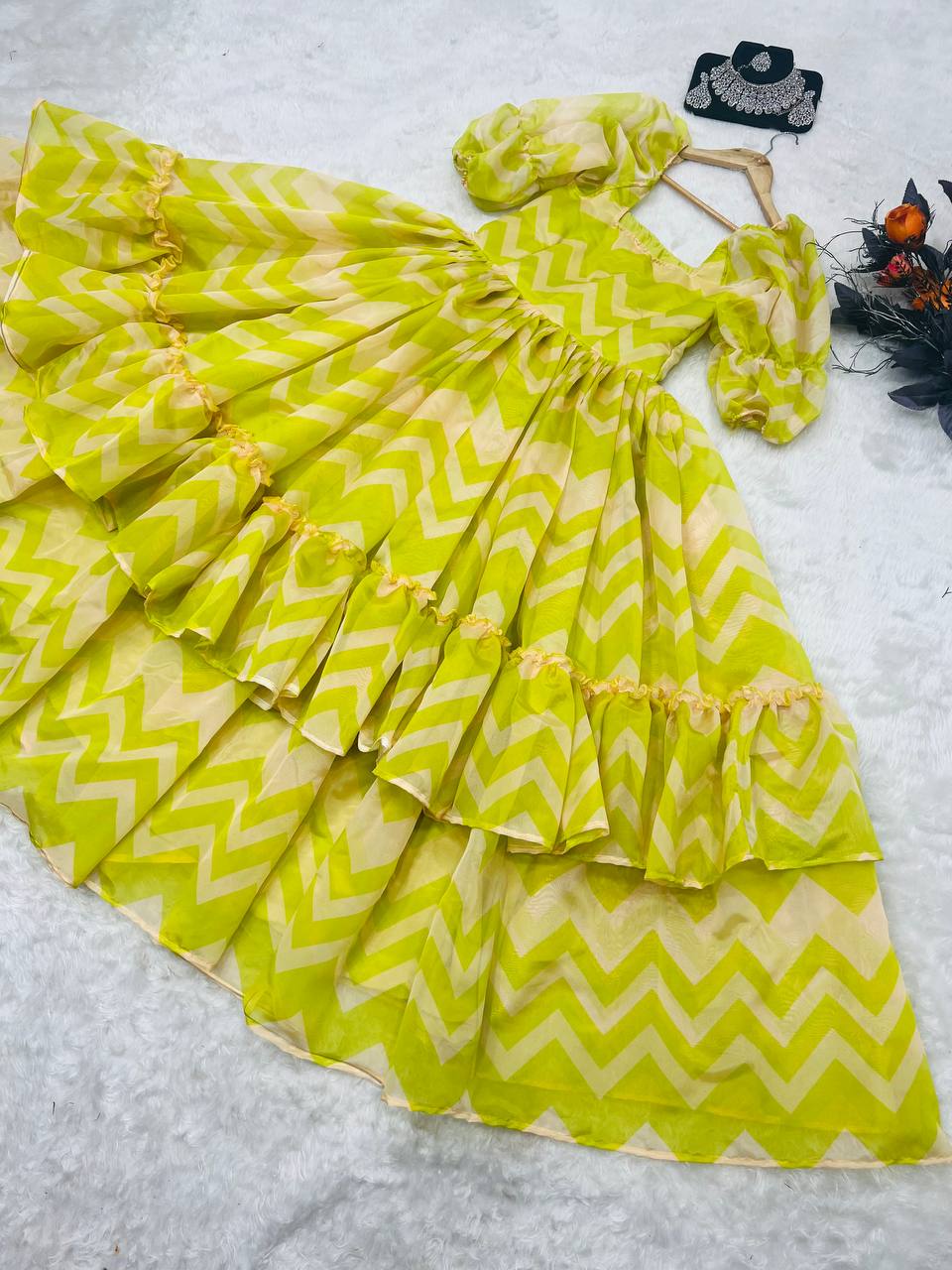 Ruffle Style Parrot Green Color Organza Dress