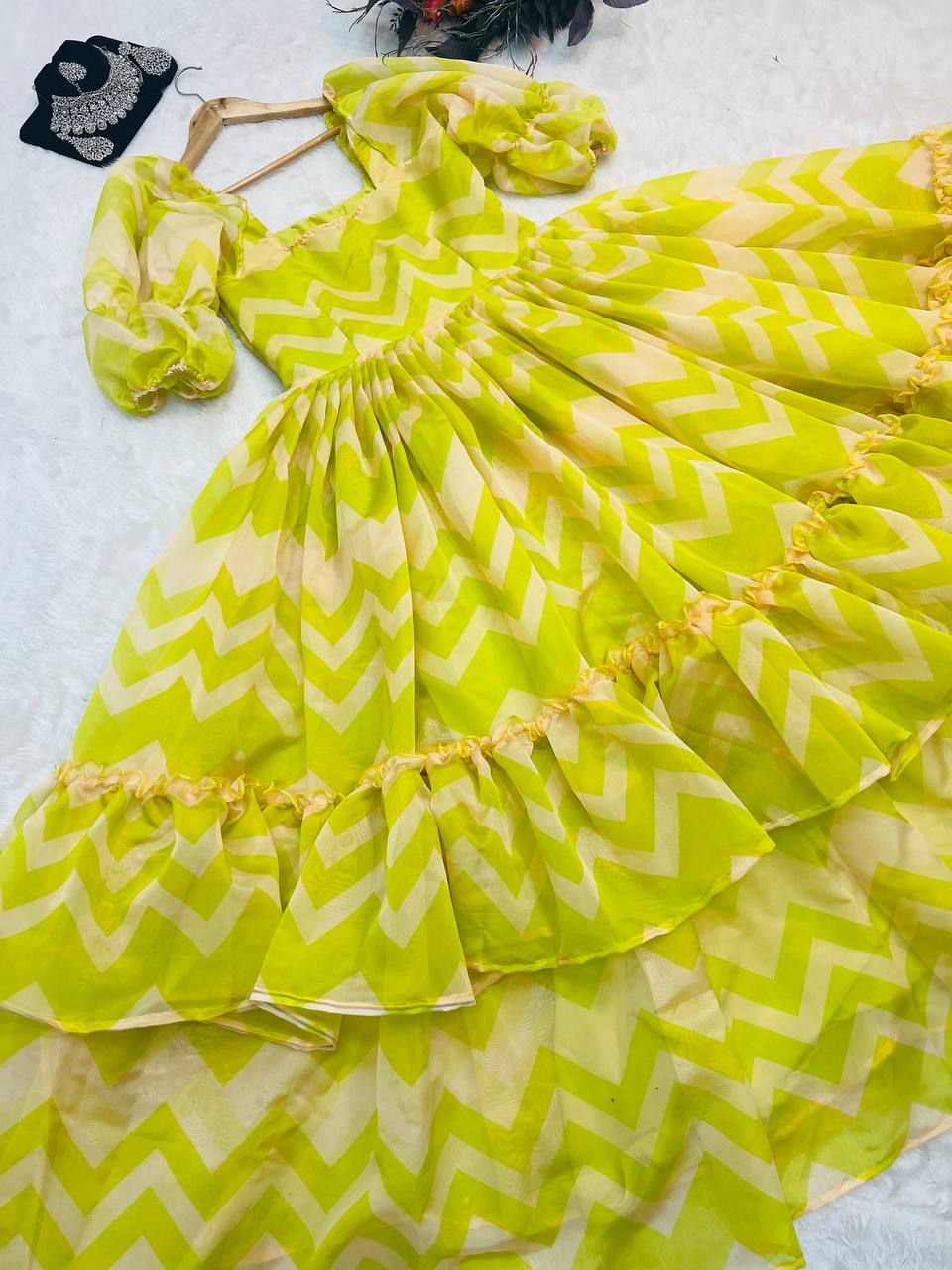 Ruffle Style Parrot Green Color Organza Dress