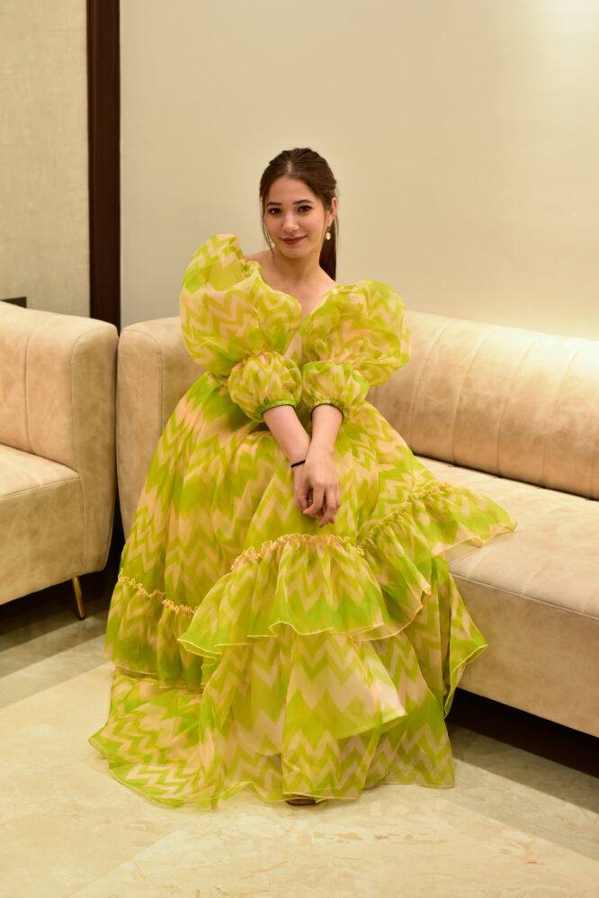 Ruffle Style Parrot Green Color Organza Dress