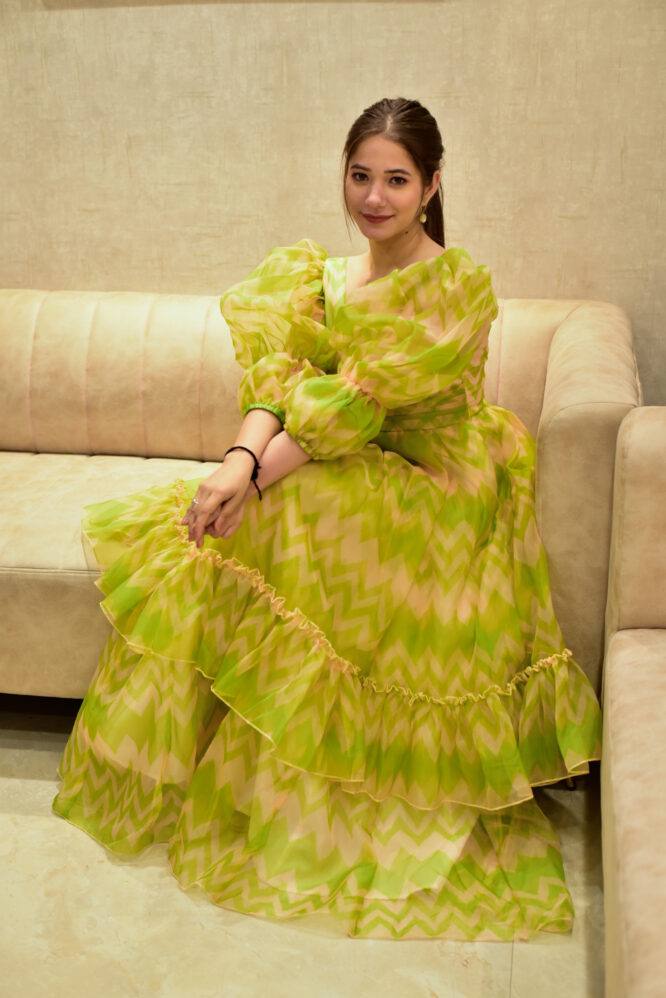 Ruffle Style Parrot Green Color Organza Dress