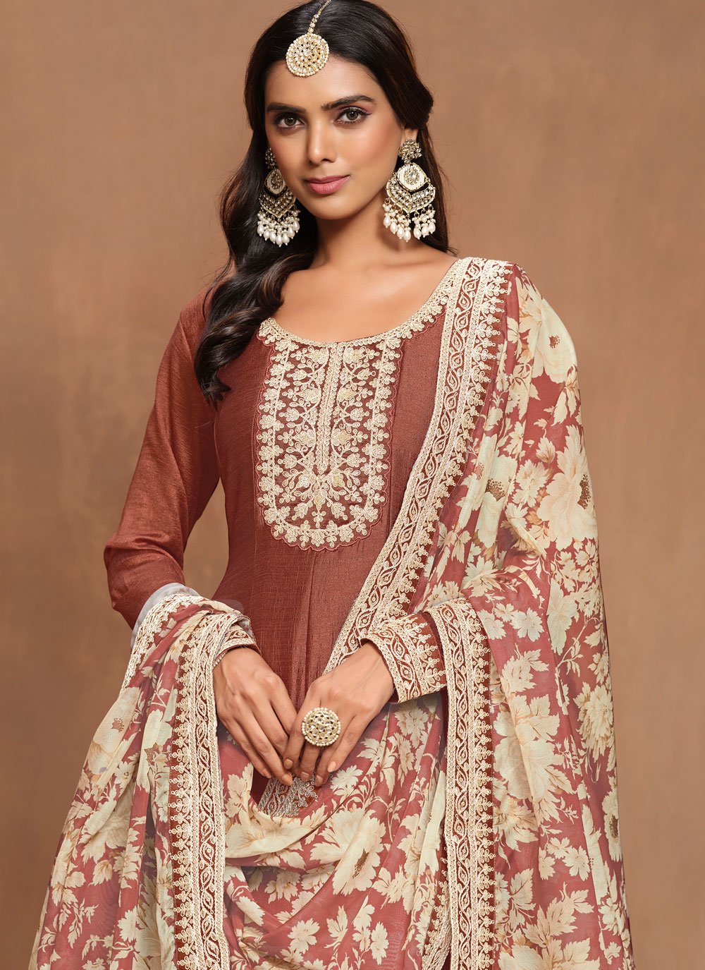 Rust art silk embroidered traditional anarkali gown with organza dupatta