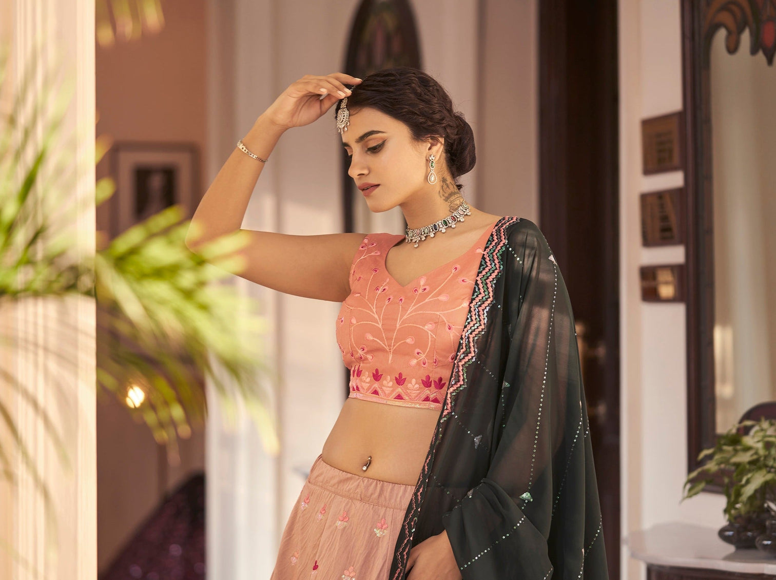 Rust Orange Green Thread And Sequins Embroidered Work Art Silk Festive & Party Wear Semi Stitched Lehenga