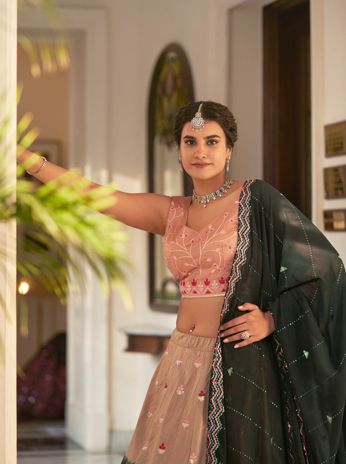 Rust Orange Green Thread And Sequins Embroidered Work Art Silk Festive & Party Wear Semi Stitched Lehenga