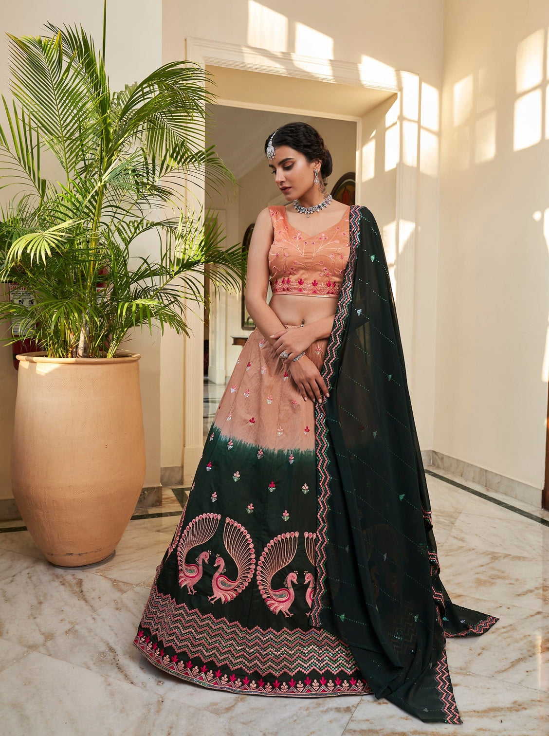 Rust Orange Green Thread And Sequins Embroidered Work Art Silk Festive & Party Wear Semi Stitched Lehenga