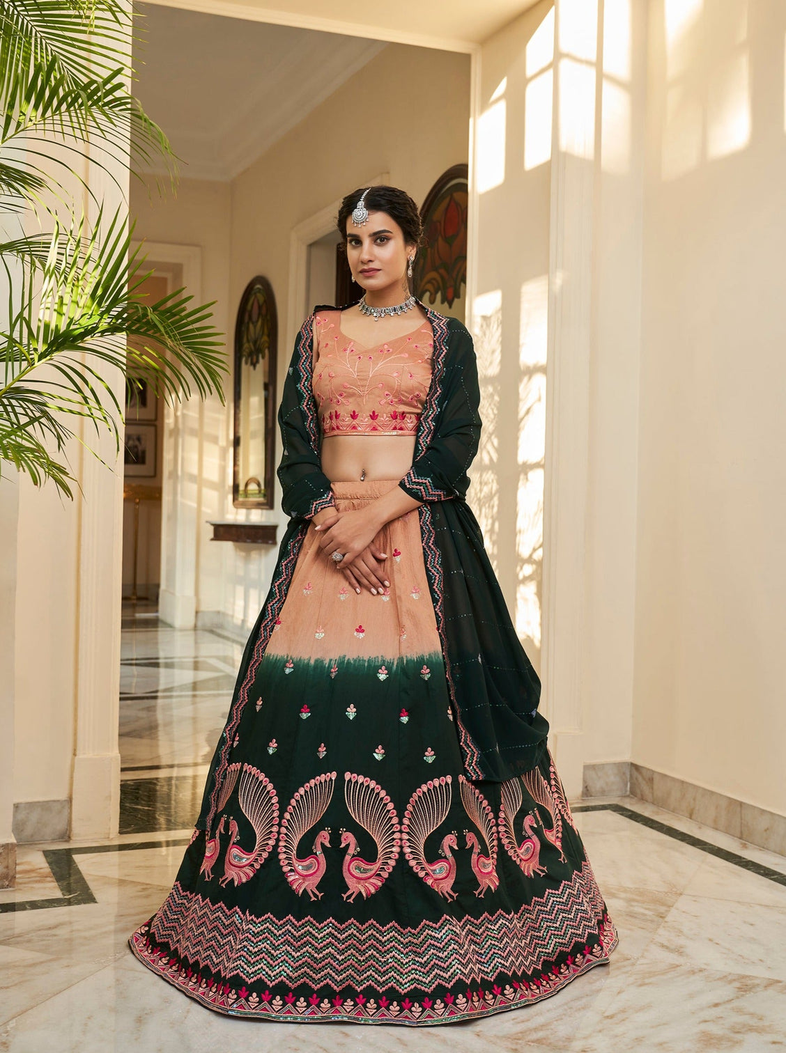 Rust Orange Green Thread And Sequins Embroidered Work Art Silk Festive & Party Wear Semi Stitched Lehenga