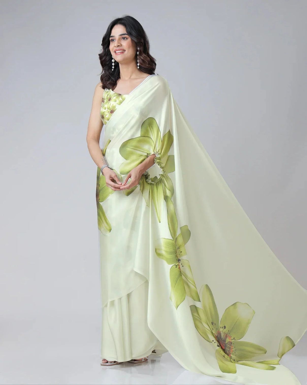 Mint Bloom Designer Freehand Floral Print Saree in Georgette Satin – Ready to Wear Elegance