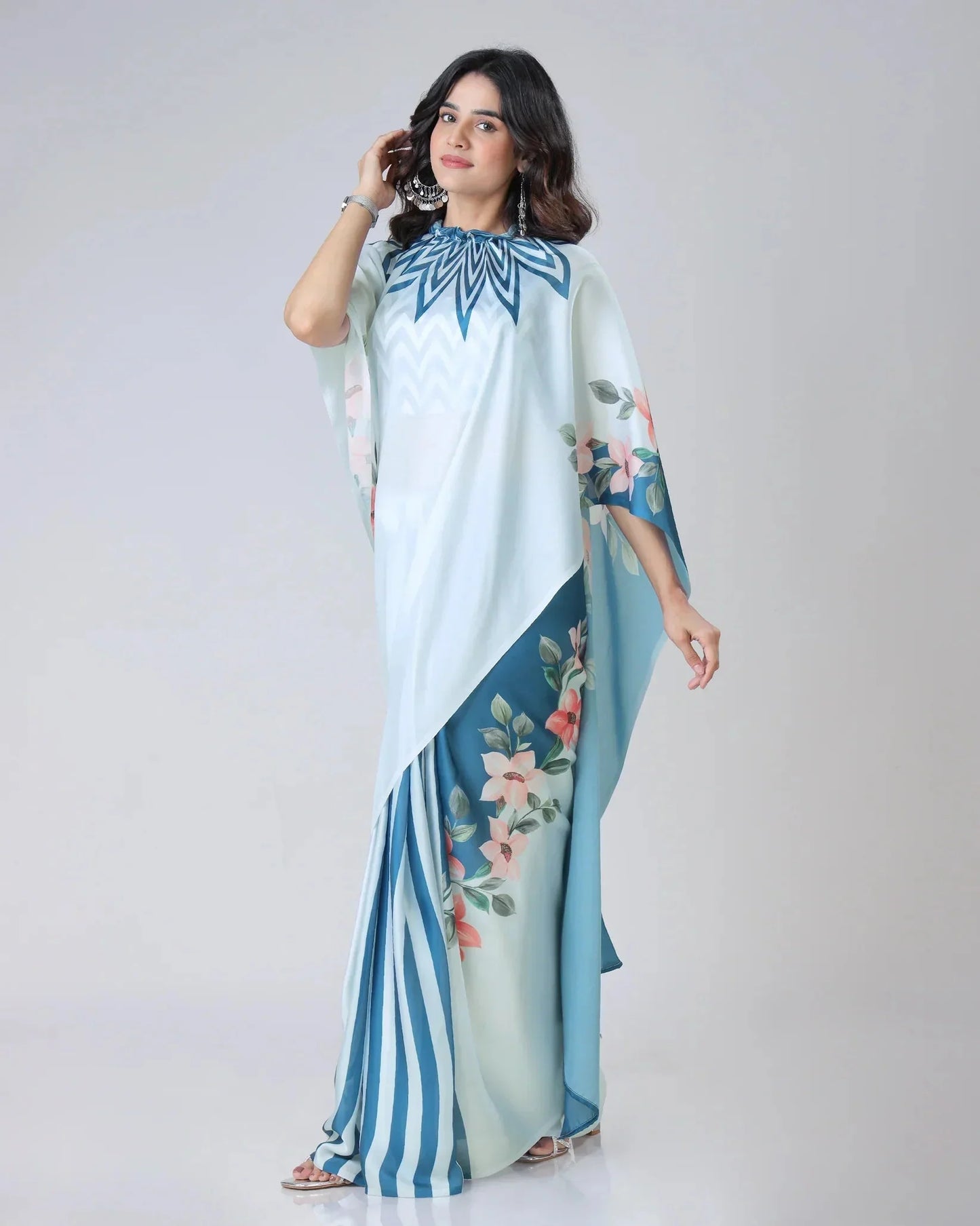 Icy Blue Designer Freehand Saree with Navy Starburst & Floral Print in Georgette Satin – Ready to Wear
