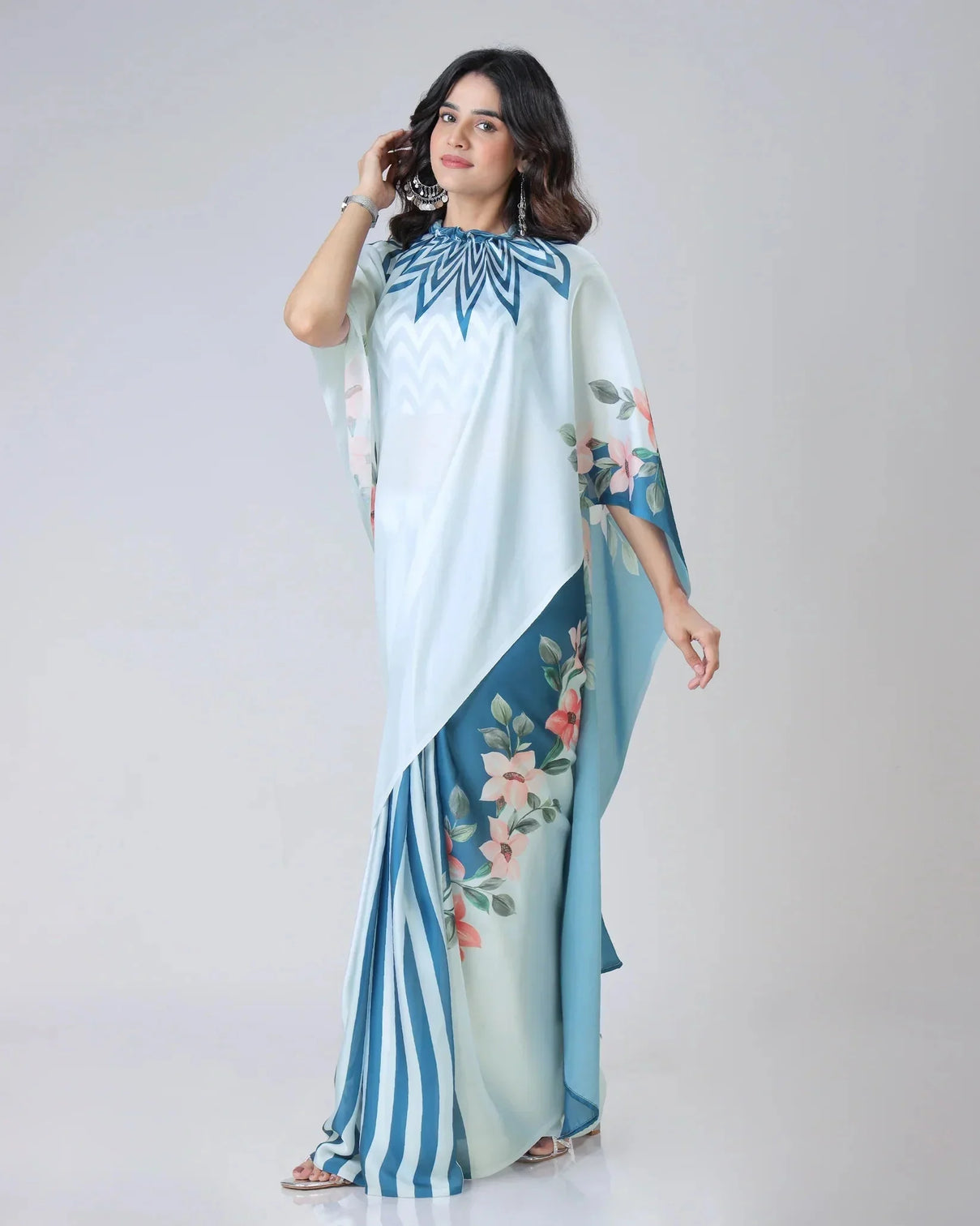 Icy Blue Designer Freehand Saree with Navy Starburst & Floral Print in Georgette Satin – Ready to Wear