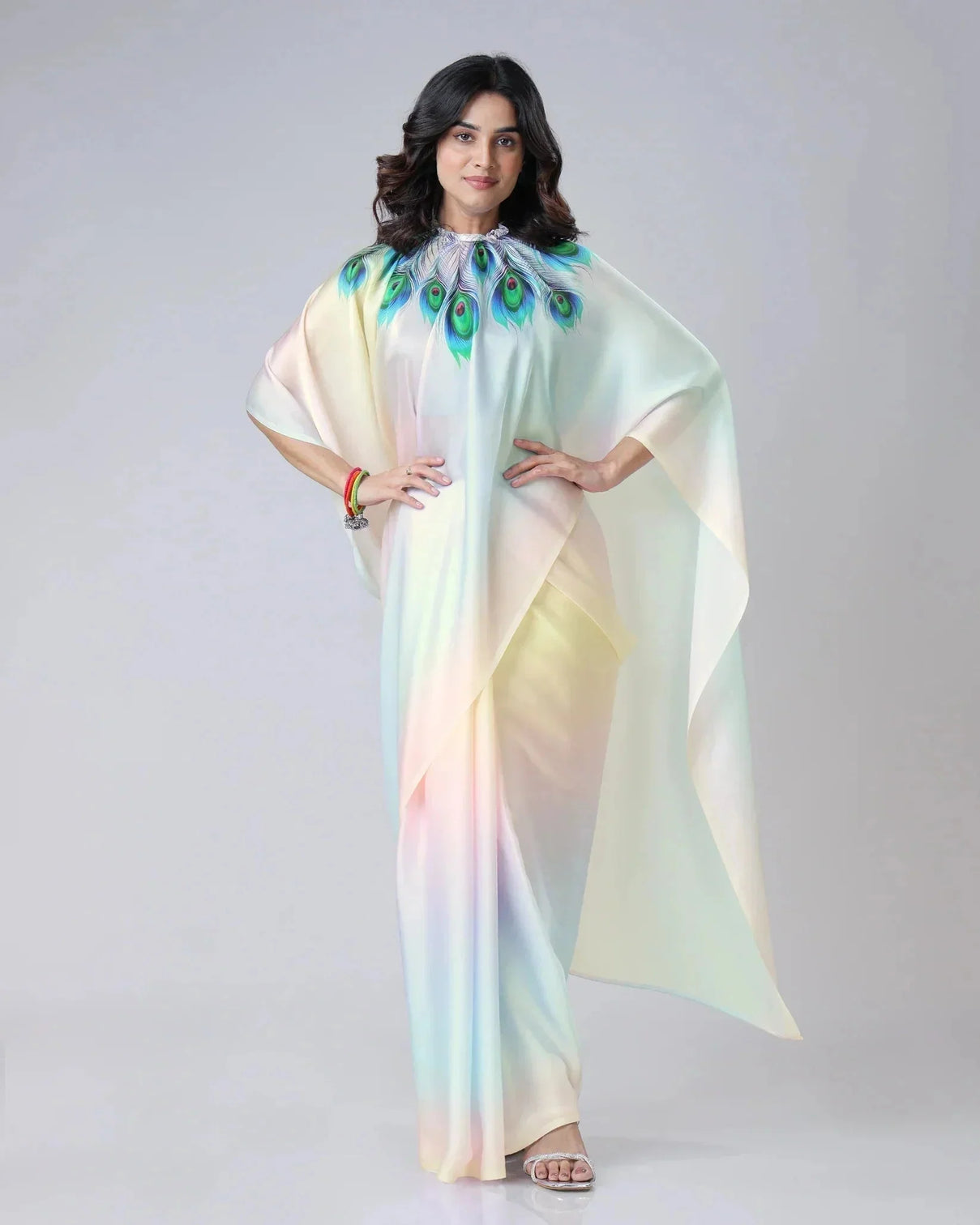 Pastel Rainbow Freehand Saree with Peacock Feather Print in Georgette Satin – Ready to Wear Designer Drape
