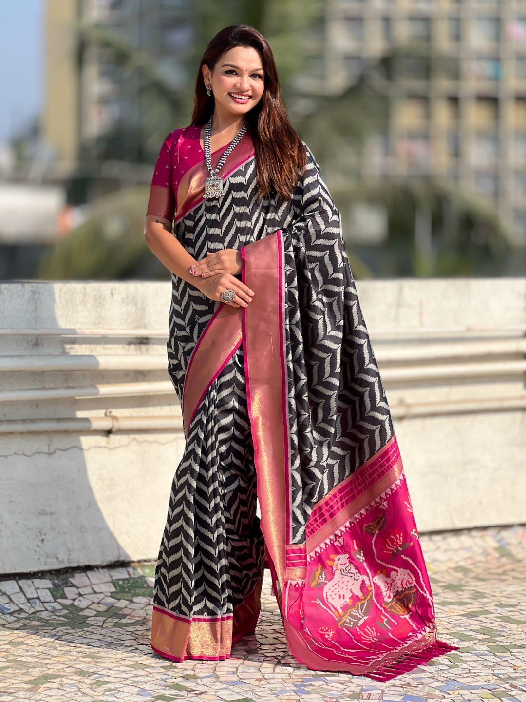 Premium Soft Silk Ikat Weave Pichwai Pallu Saree with Contrast Brocade Blouse