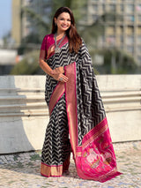 Premium Soft Silk Ikat Weave Pichwai Pallu Saree with Contrast Brocade Blouse