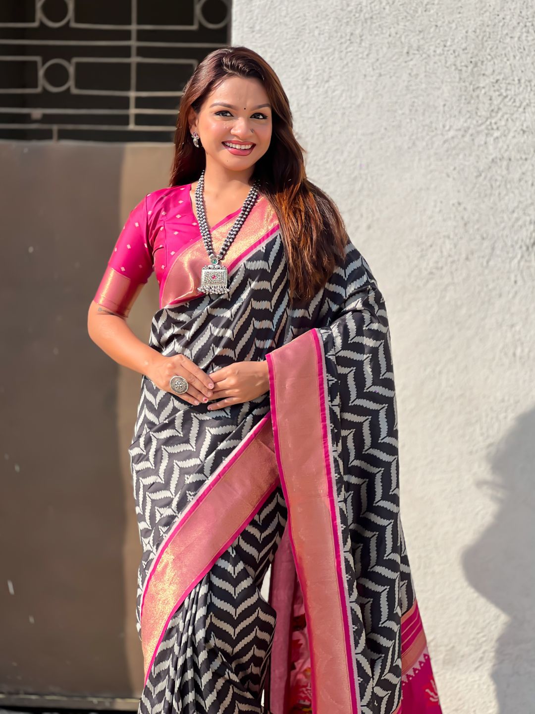 Premium Soft Silk Ikat Weave Pichwai Pallu Saree with Contrast Brocade Blouse